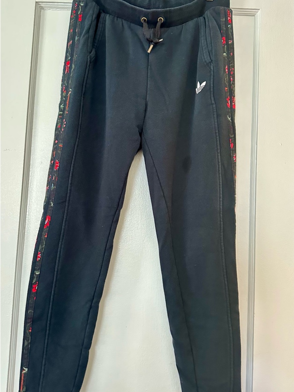 adidas Black Track Pants with Red Floral Side Stripes